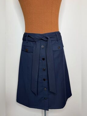 Talbots Navy Button-Front A-Line Skirt with Self-Tie Belt Size 8